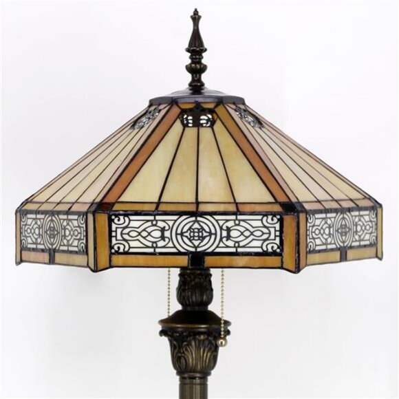 Tiffany Floor Lamp Yellow Hexagon Stained Glass Mission Standing Reading Light - Picture 2 of 7